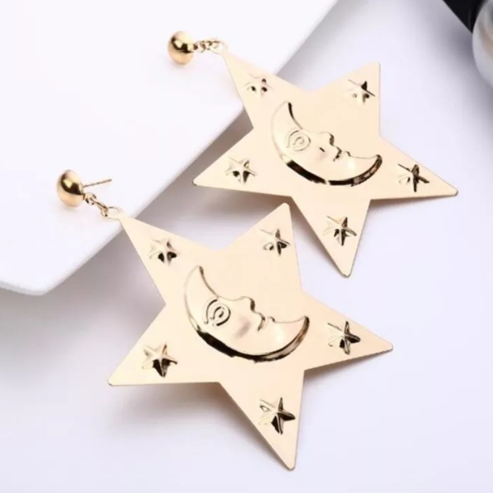 Moon star dangle big gold earrings new